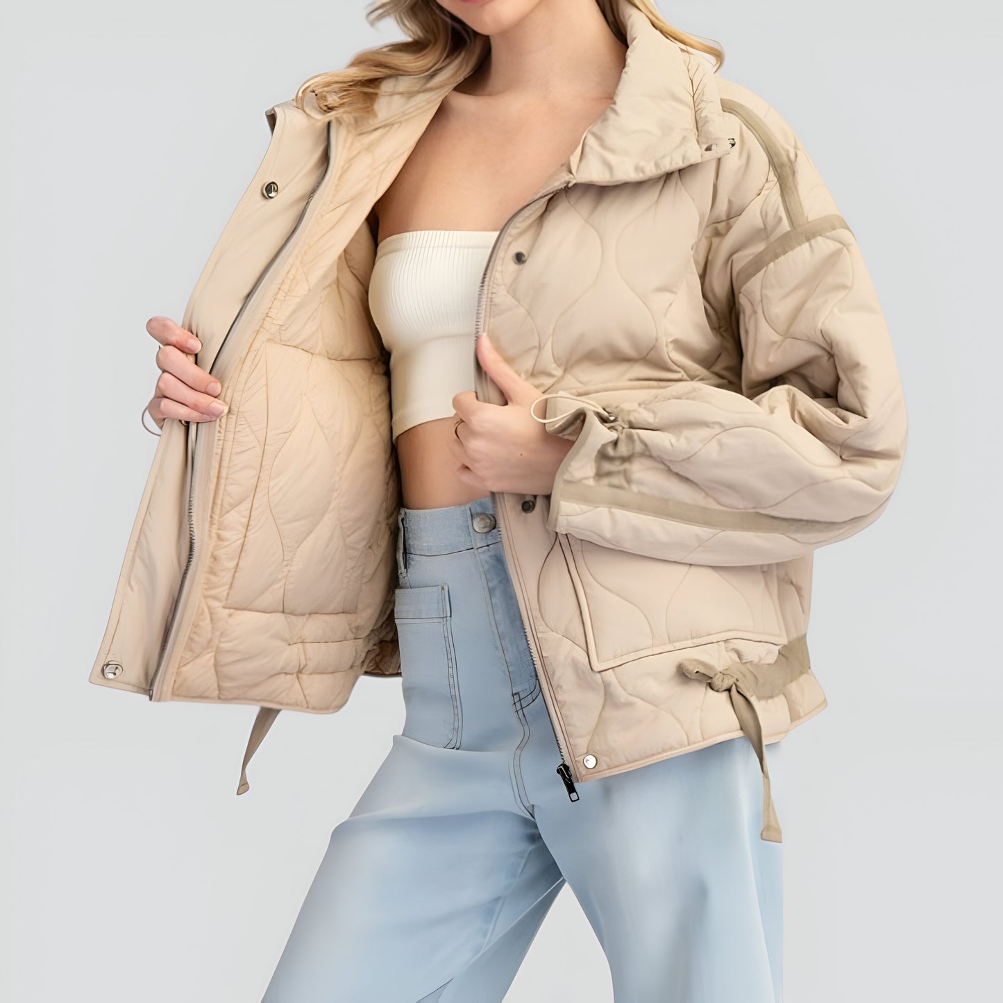 Quilted Jacket with High Collar, Contrast Trim and Adjustable Hem