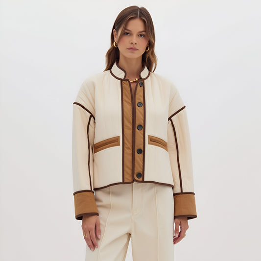 Quilted Jacket with Contrast Piping, Oversized Cuffs and Button Front