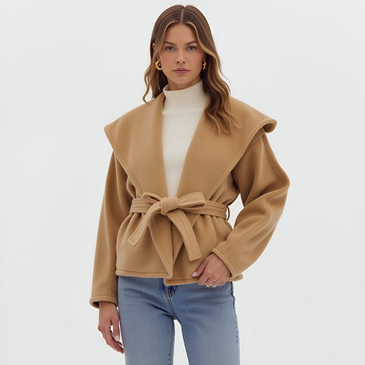 Wrap Jacket with Oversized Lapel Collar, Self-Tie Belt and Long Sleeves