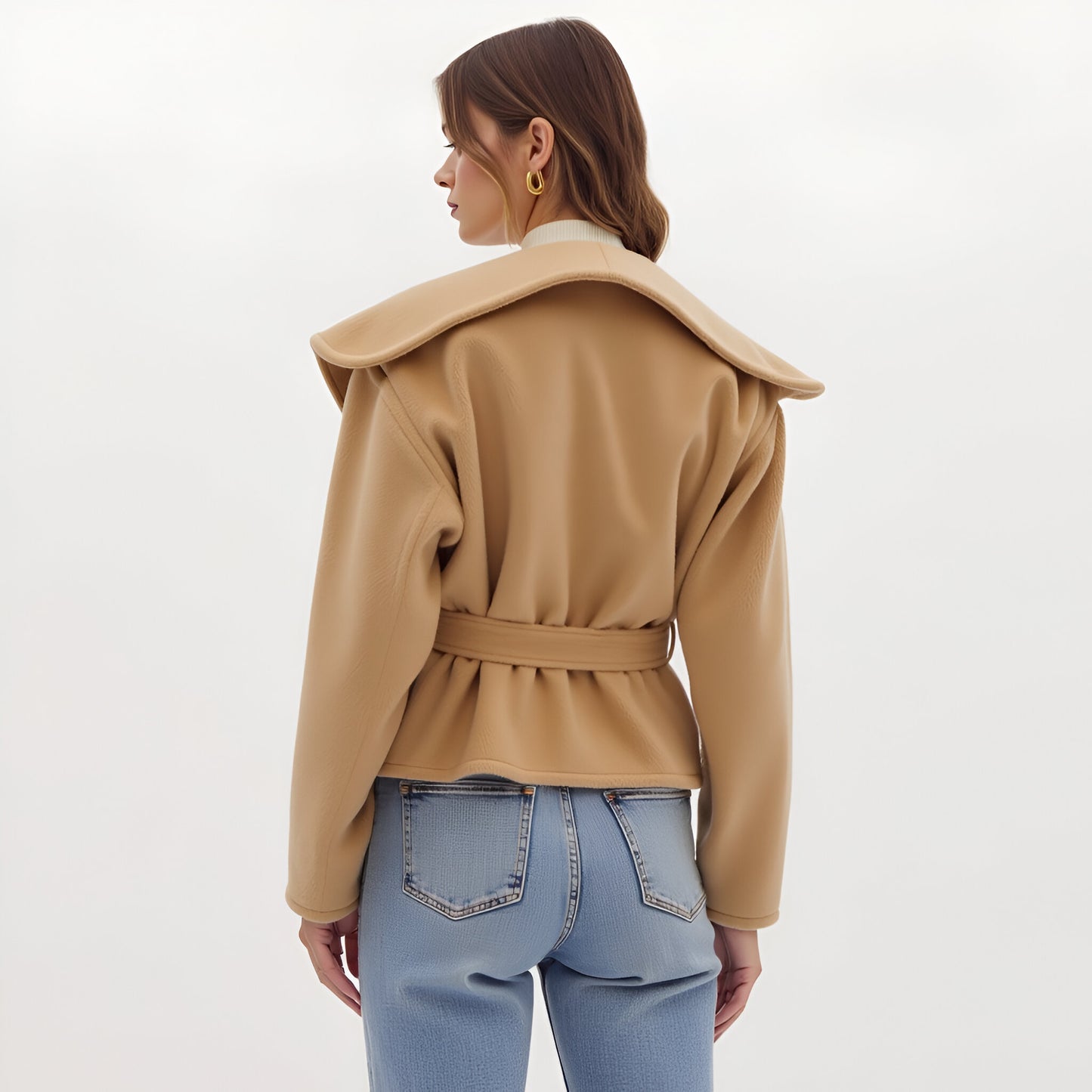 Wrap Jacket with Oversized Lapel Collar, Self-Tie Belt and Long Sleeves