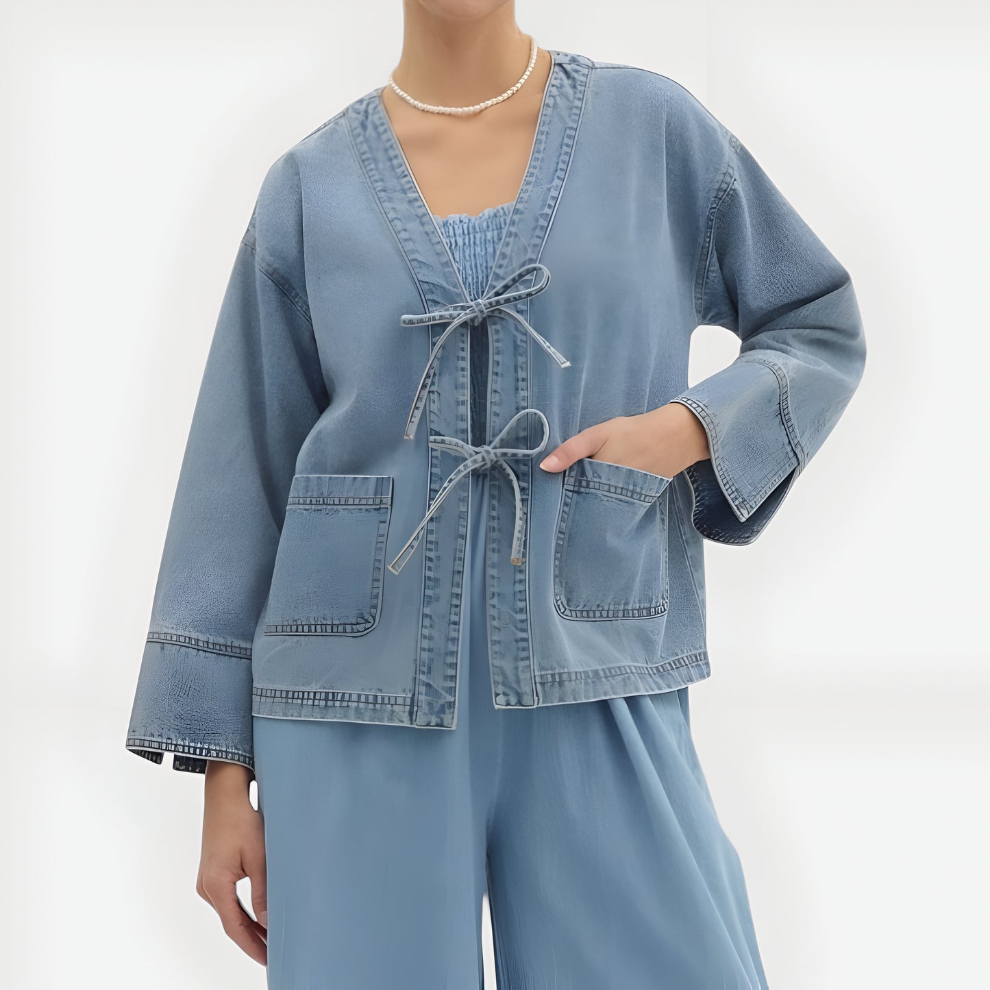 Denim Tie Front Jacket with Patch Pockets and Relaxed Long Sleeves