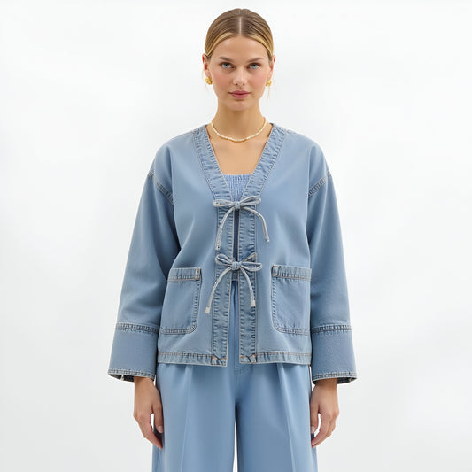 Denim Tie Front Jacket with Patch Pockets and Relaxed Long Sleeves