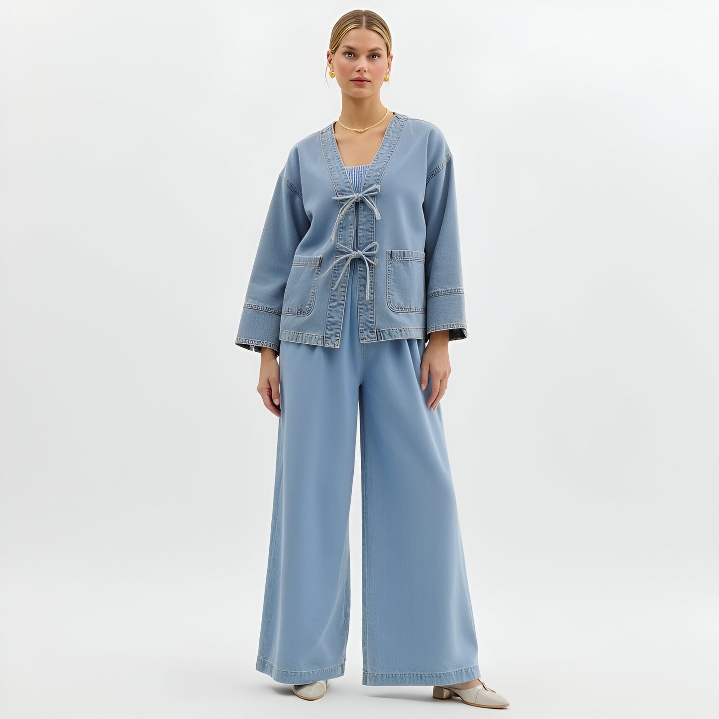 Denim Tie Front Jacket with Patch Pockets and Relaxed Long Sleeves