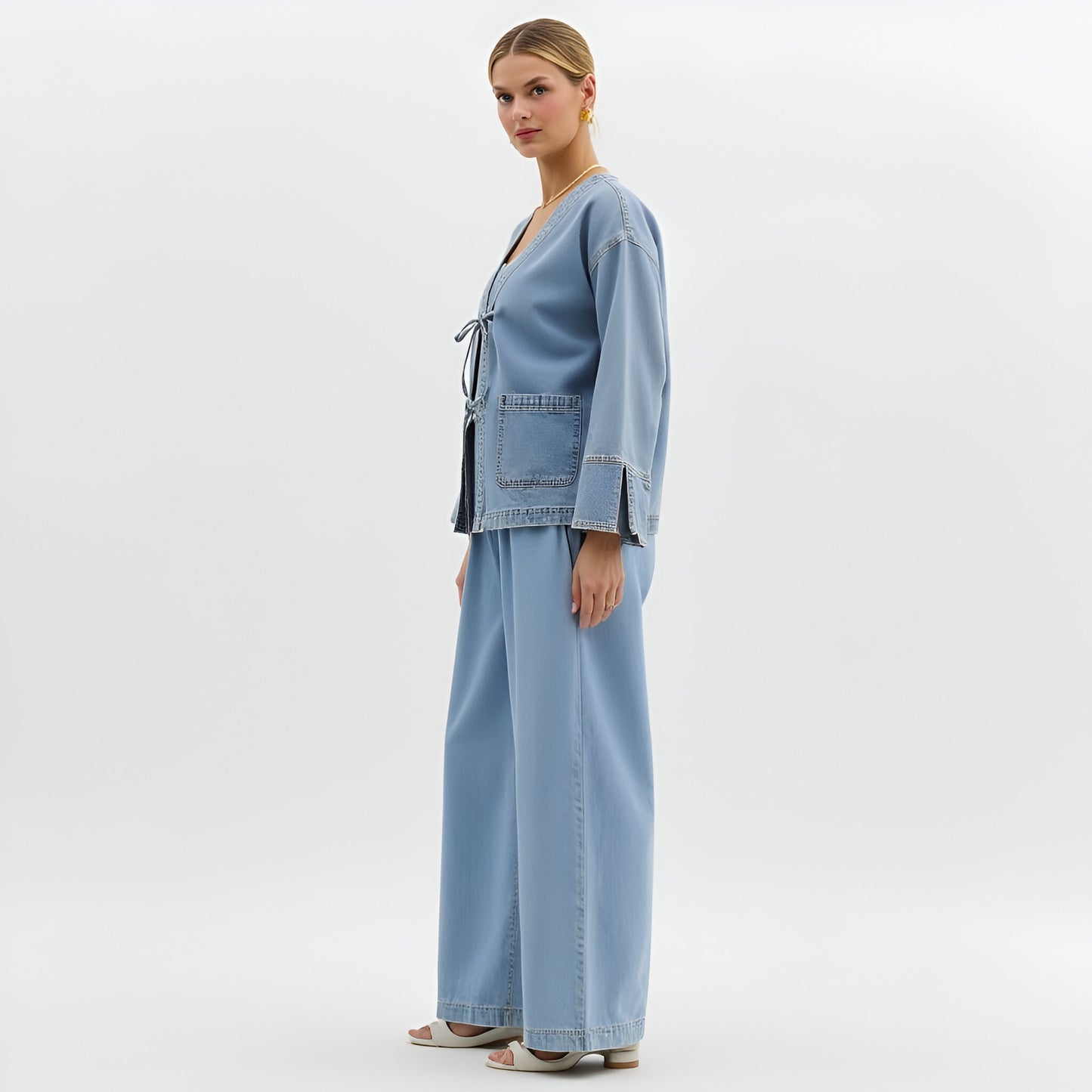 Denim Tie Front Jacket with Patch Pockets and Relaxed Long Sleeves