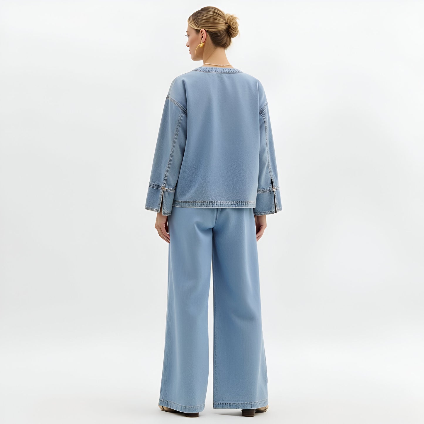 Denim Tie Front Jacket with Patch Pockets and Relaxed Long Sleeves