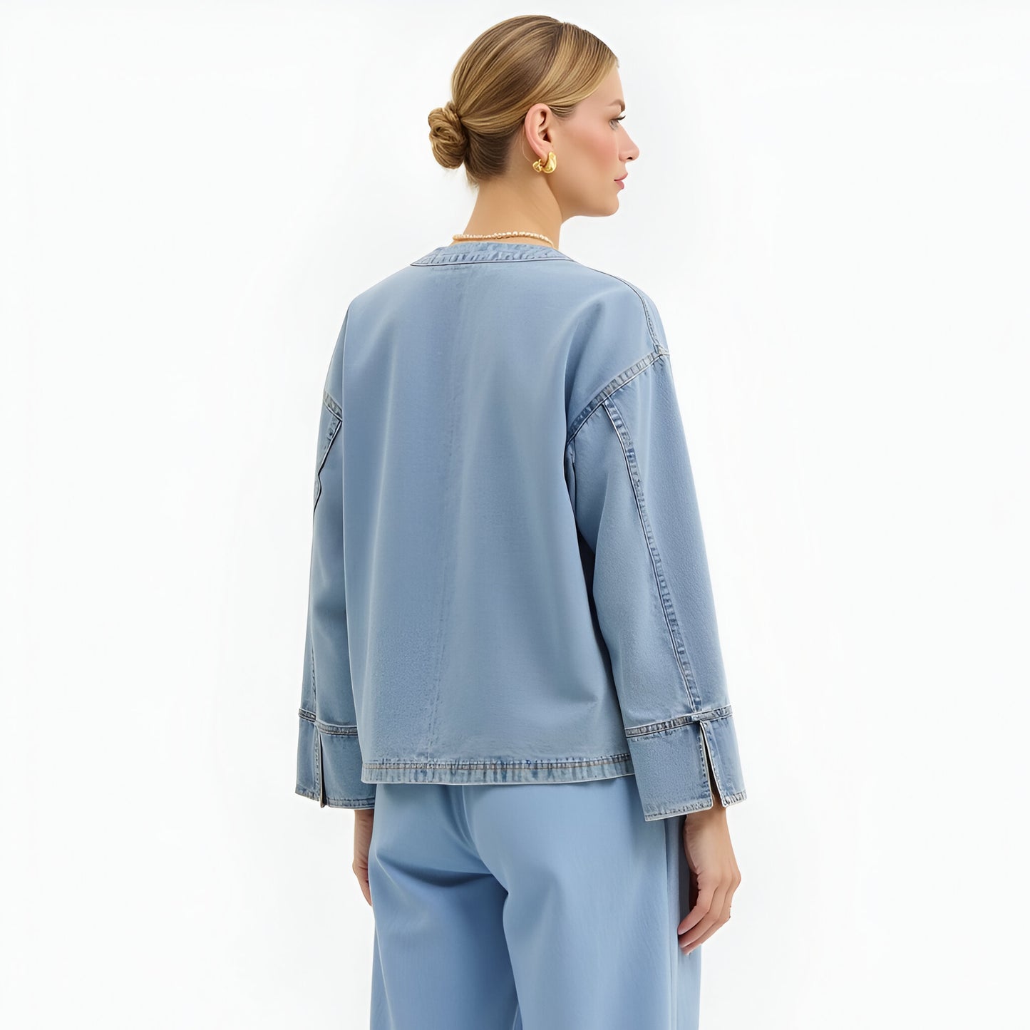 Denim Tie Front Jacket with Patch Pockets and Relaxed Long Sleeves