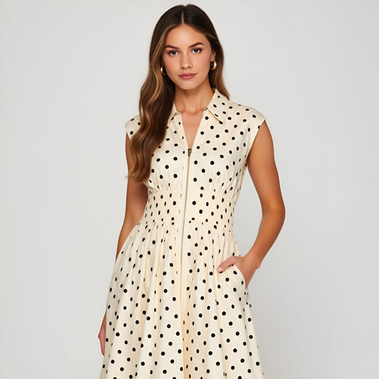 Polka Dot Midi Shirt Dress with Cap Sleeves and Button Front