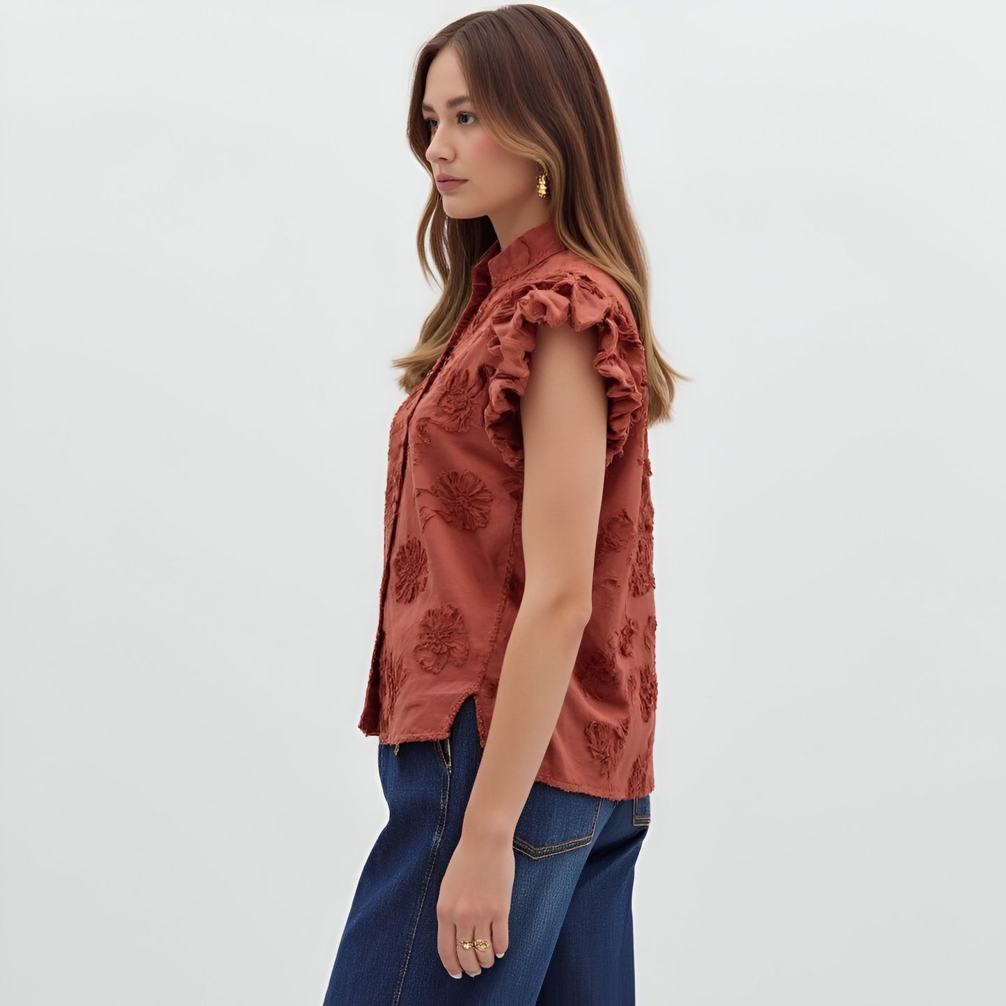 Ruffle Sleeve Blouse with Textured Floral Embroidery and Button Front