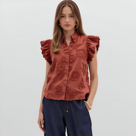Ruffle Sleeve Blouse with Textured Floral Embroidery and Button Front