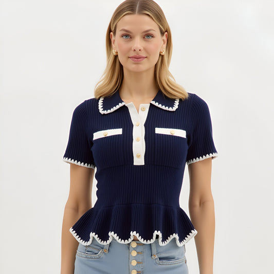 Ribbed Knit Peplum Top with Contrast Trim and Gold Buttons
