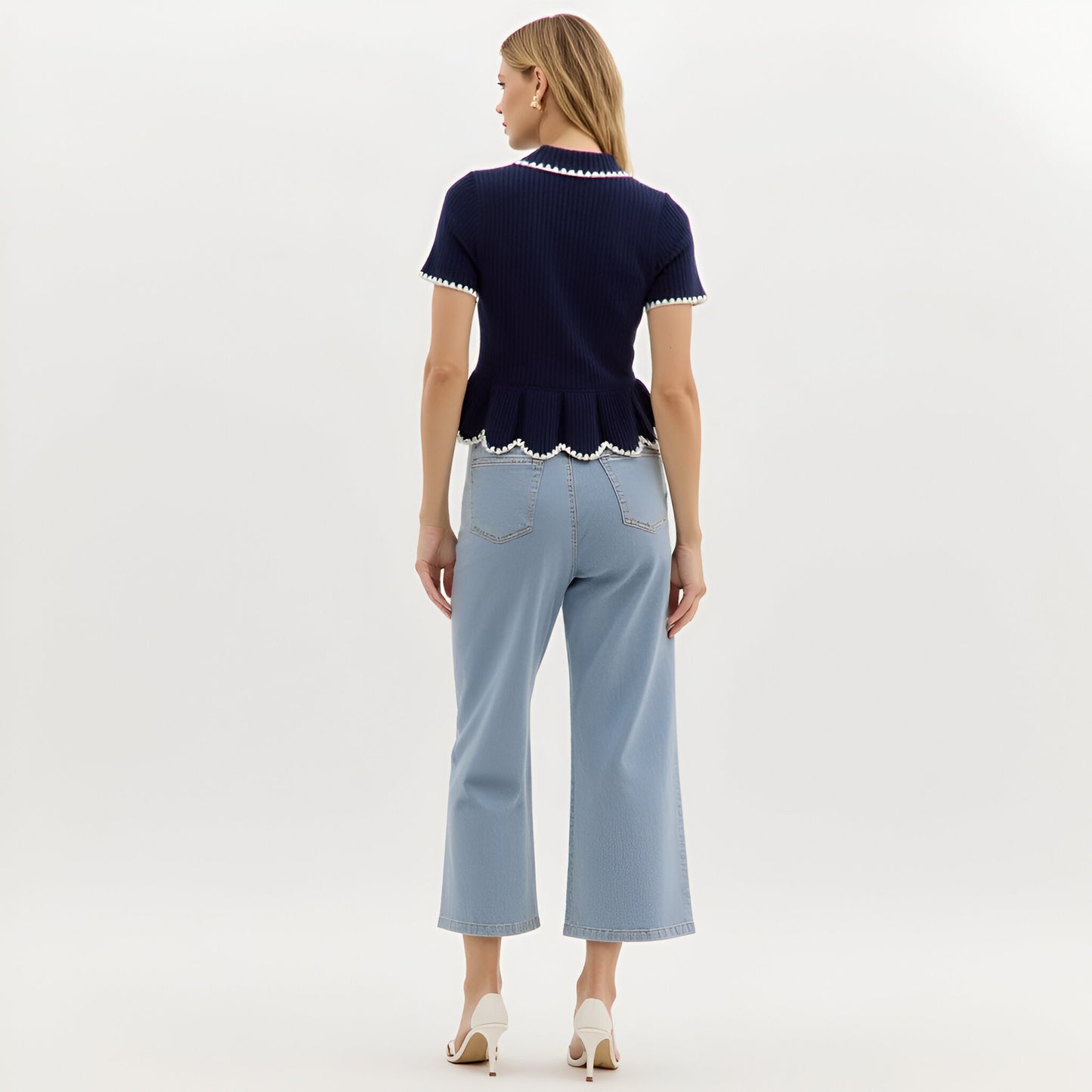 Ribbed Knit Peplum Top with Contrast Trim and Gold Buttons
