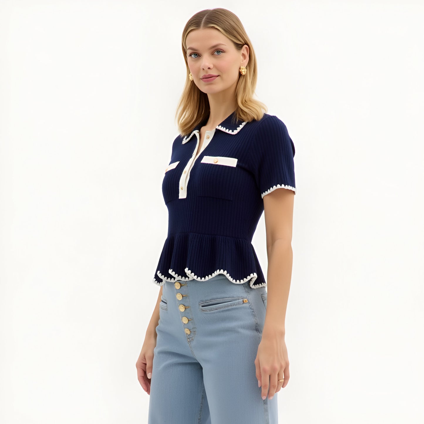Ribbed Knit Peplum Top with Contrast Trim and Gold Buttons
