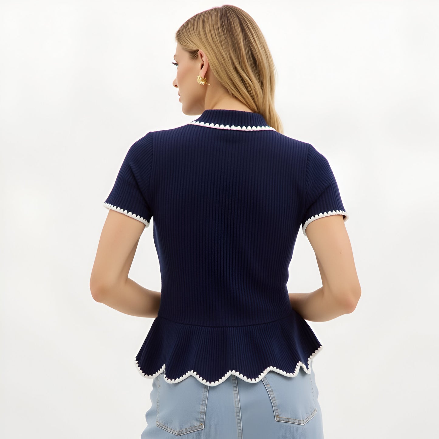 Ribbed Knit Peplum Top with Contrast Trim and Gold Buttons