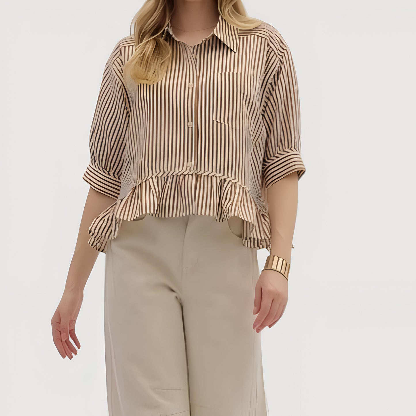 Striped Button Front Blouse with 3/4 Sleeves and Ruffle Hem