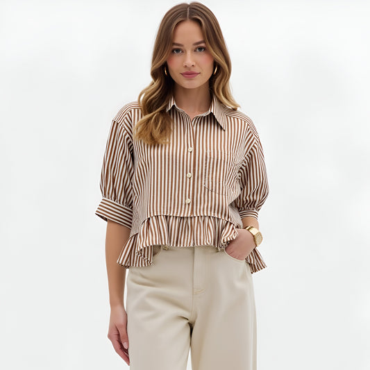 Striped Button Front Blouse with 3/4 Sleeves and Ruffle Hem
