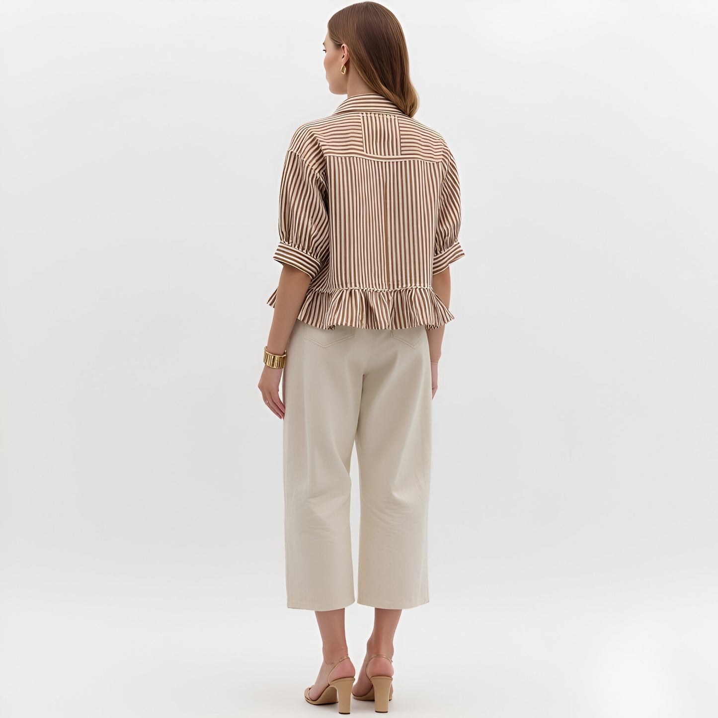 Striped Button Front Blouse with 3/4 Sleeves and Ruffle Hem