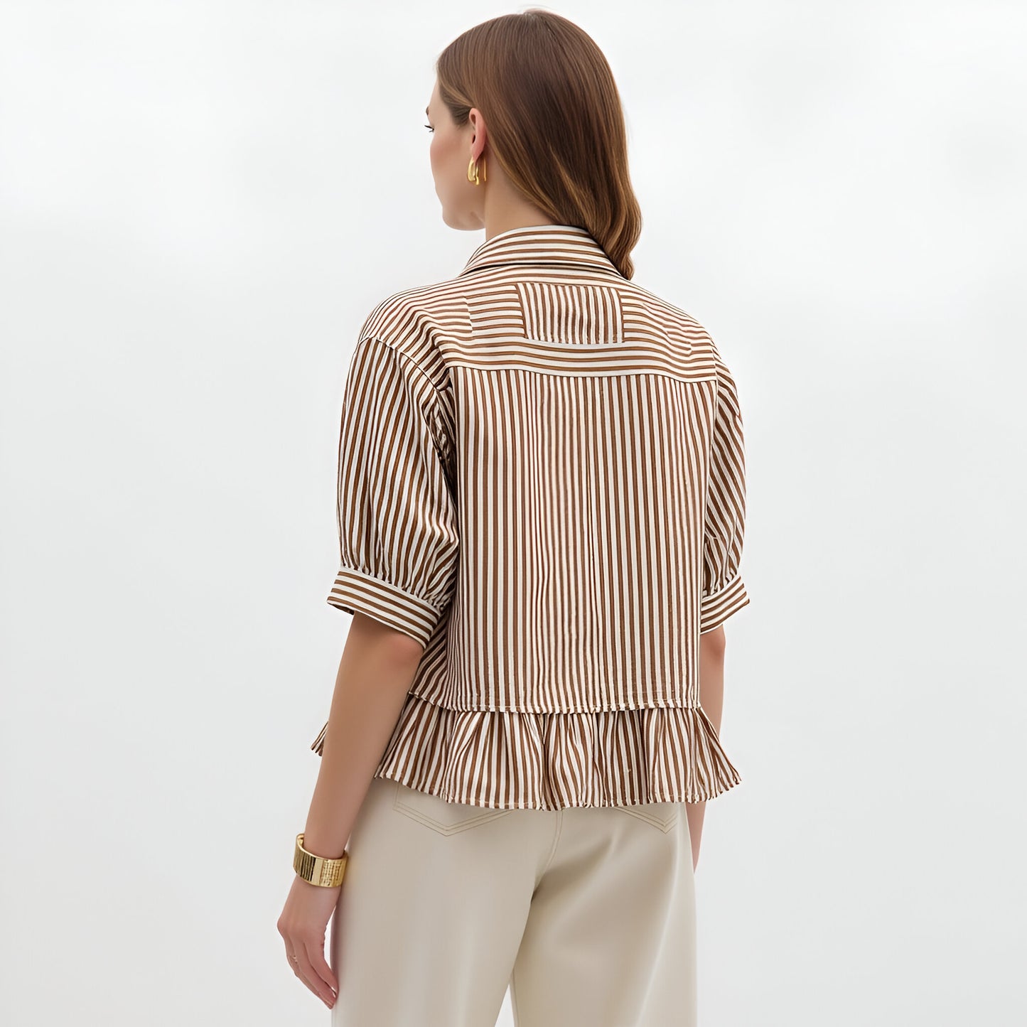 Striped Button Front Blouse with 3/4 Sleeves and Ruffle Hem