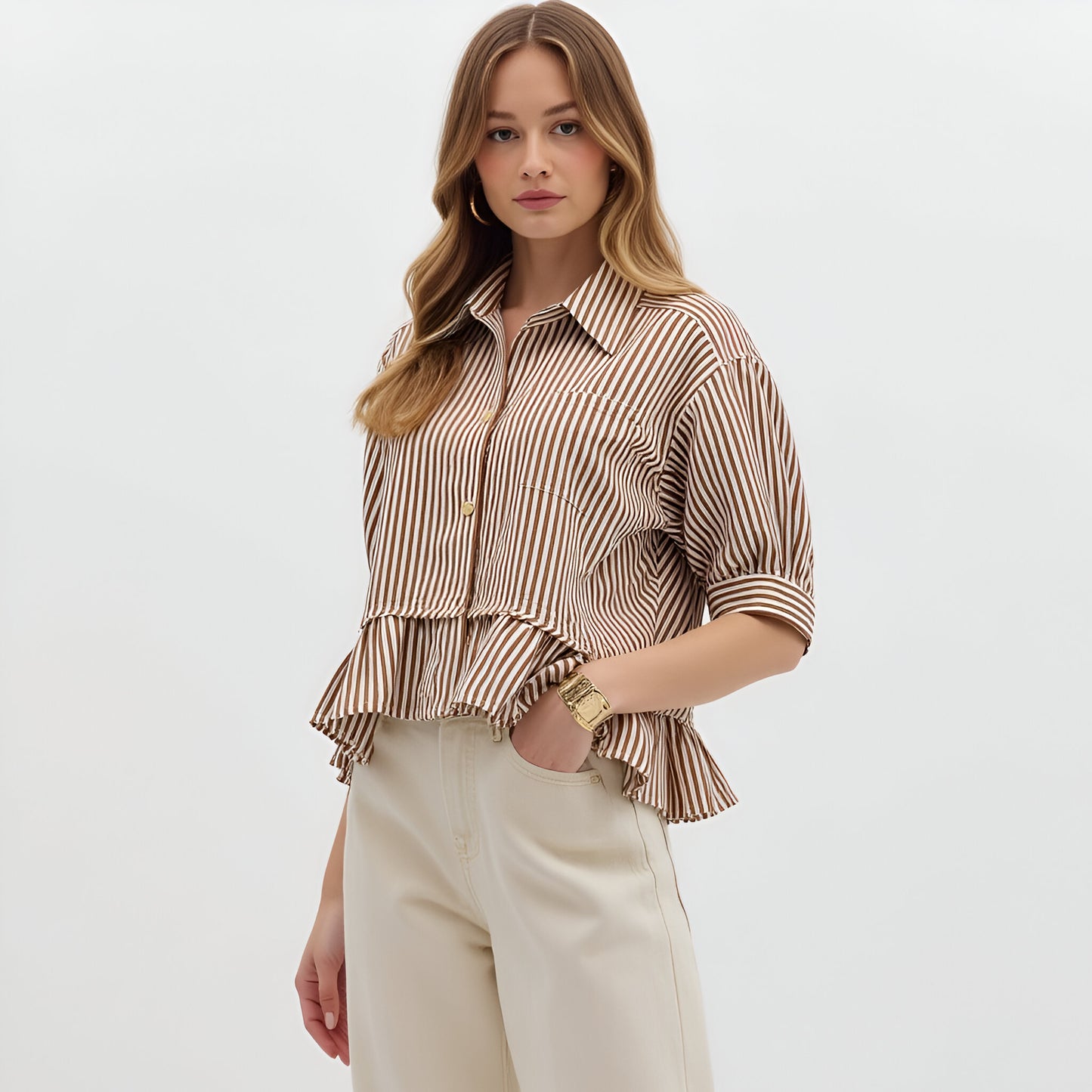 Striped Button Front Blouse with 3/4 Sleeves and Ruffle Hem