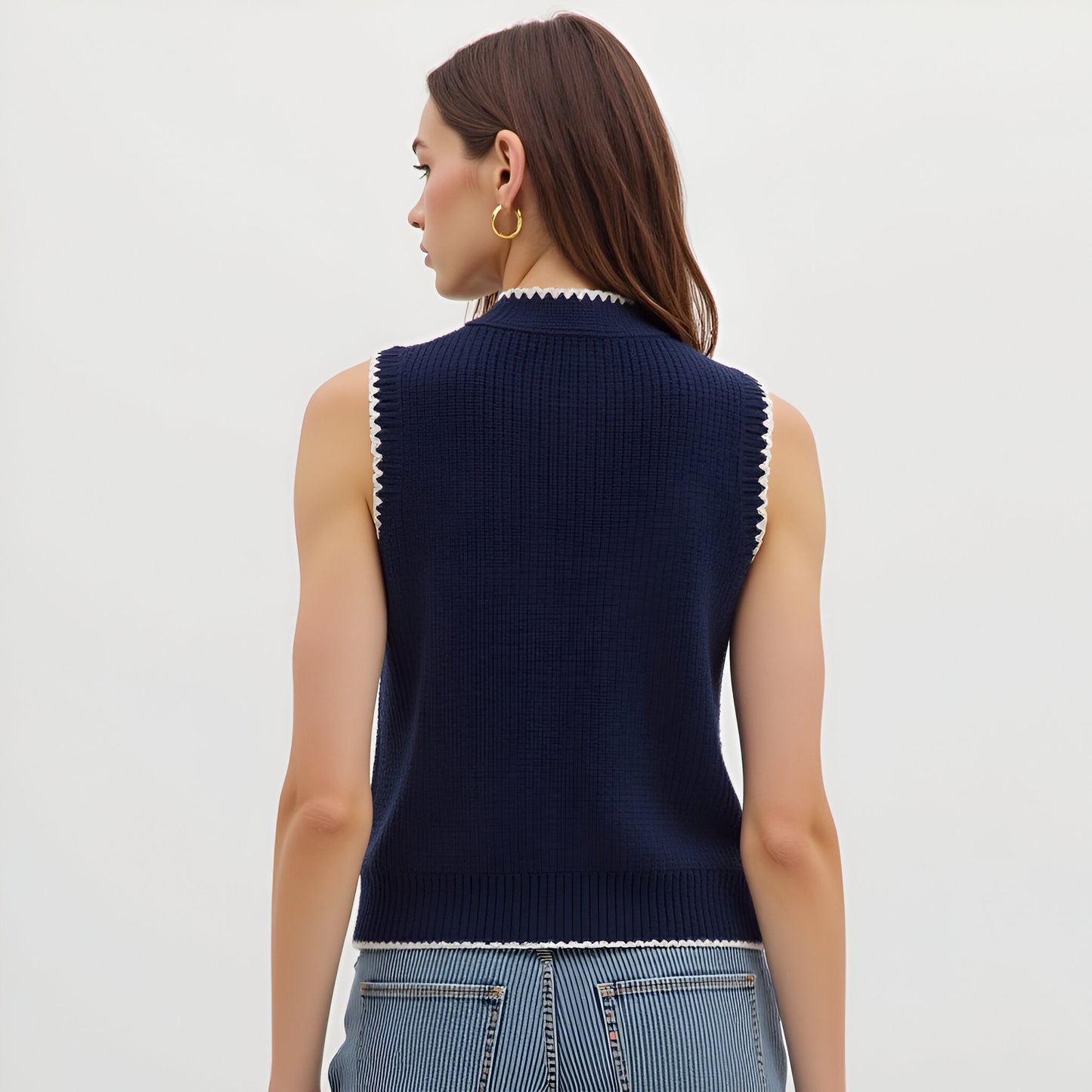 Sleeveless Knit Top with Contrast Trim and Tie Neck Detail