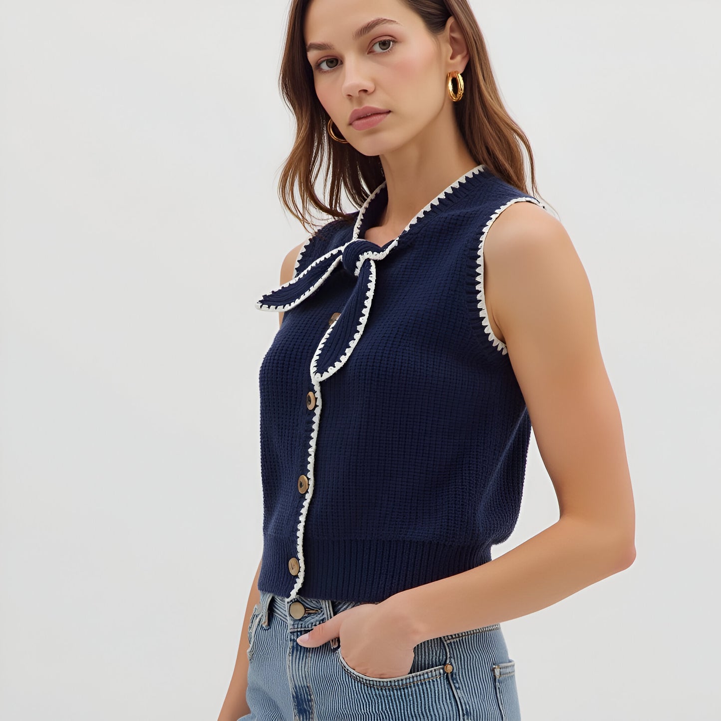 Sleeveless Knit Top with Contrast Trim and Tie Neck Detail