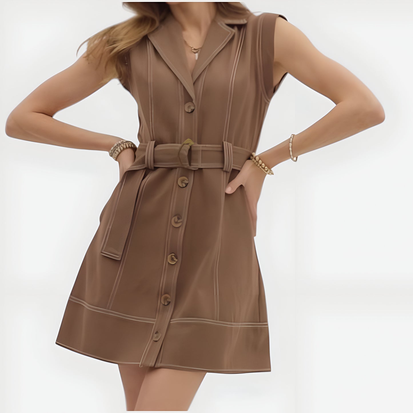 Sleeveless Button Front Mini Dress with Notched Collar and Belted Waist