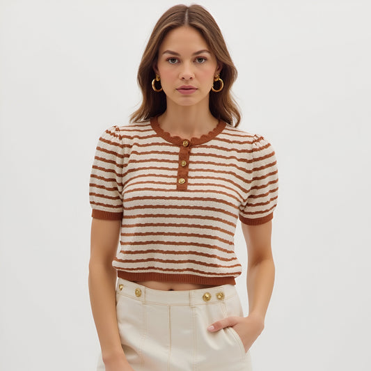 Striped Short Sleeve Knit Top with Button Placket and Scallop Trim