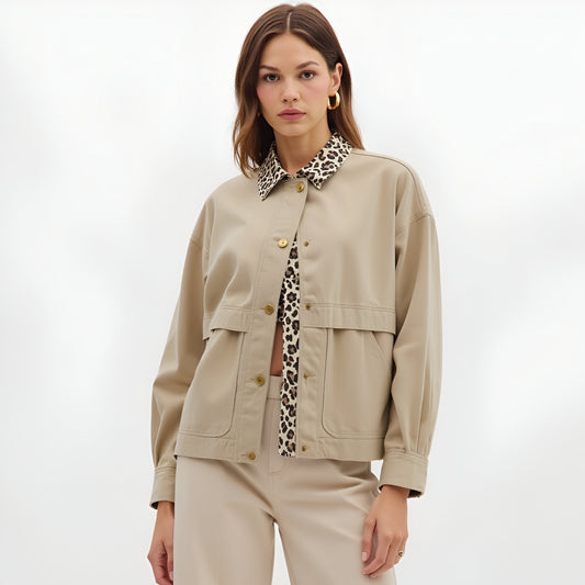 Cropped Utility Jacket with Leopard Print Collar and Snap Front