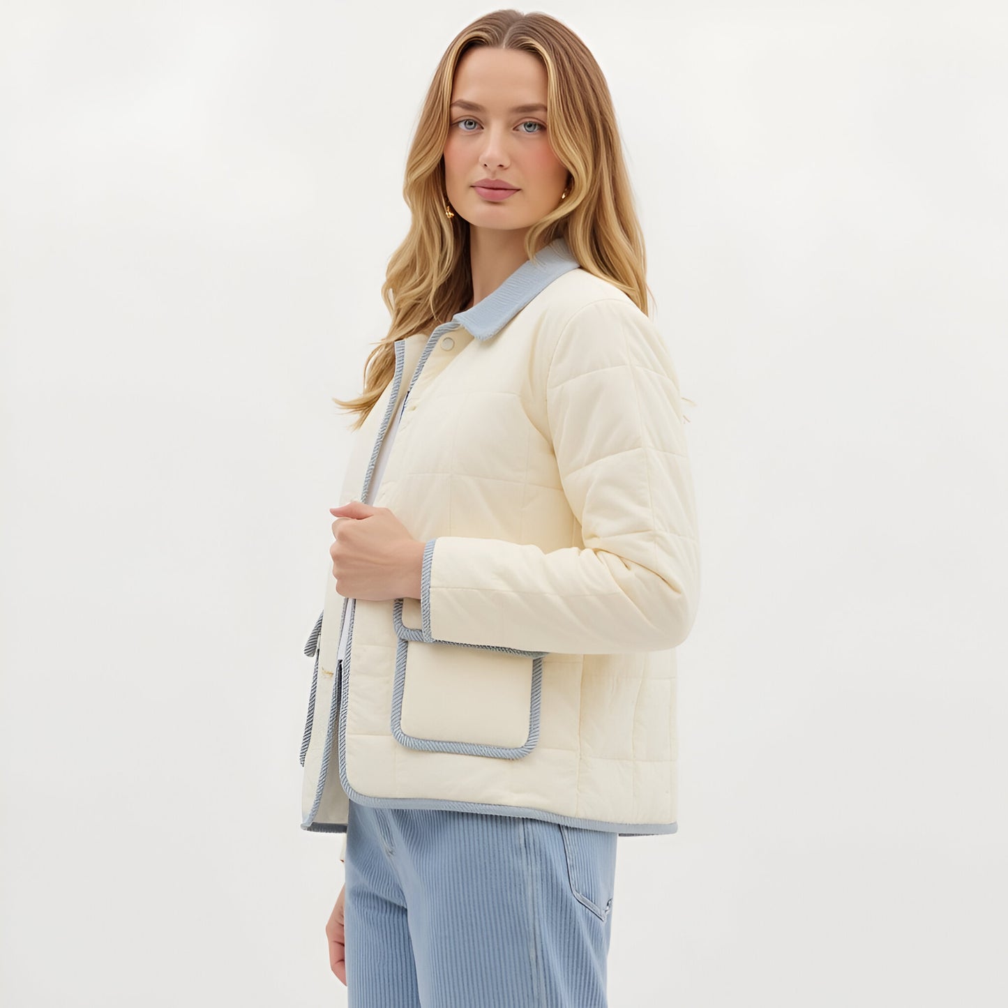 Quilted Button Front Jacket with Contrast Trim and Patch Pockets
