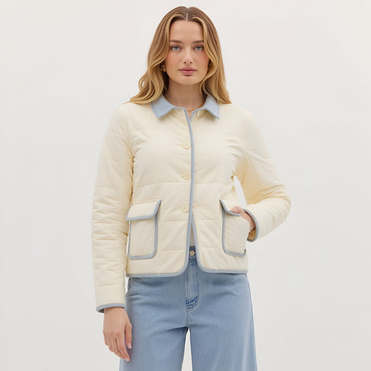 Quilted Button Front Jacket with Contrast Trim and Patch Pockets