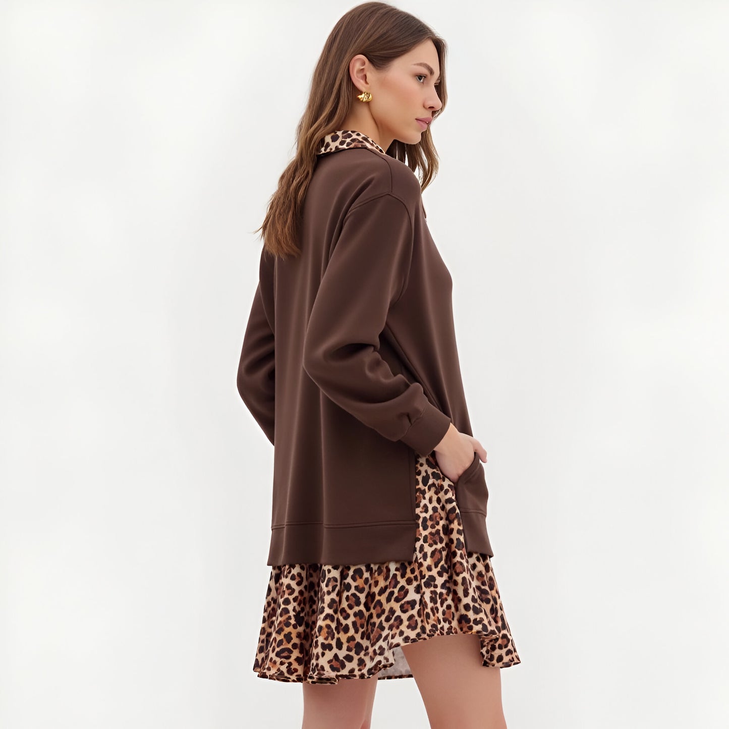 Layered Mini Dress with Leopard Print Skirt and Contrast Collar