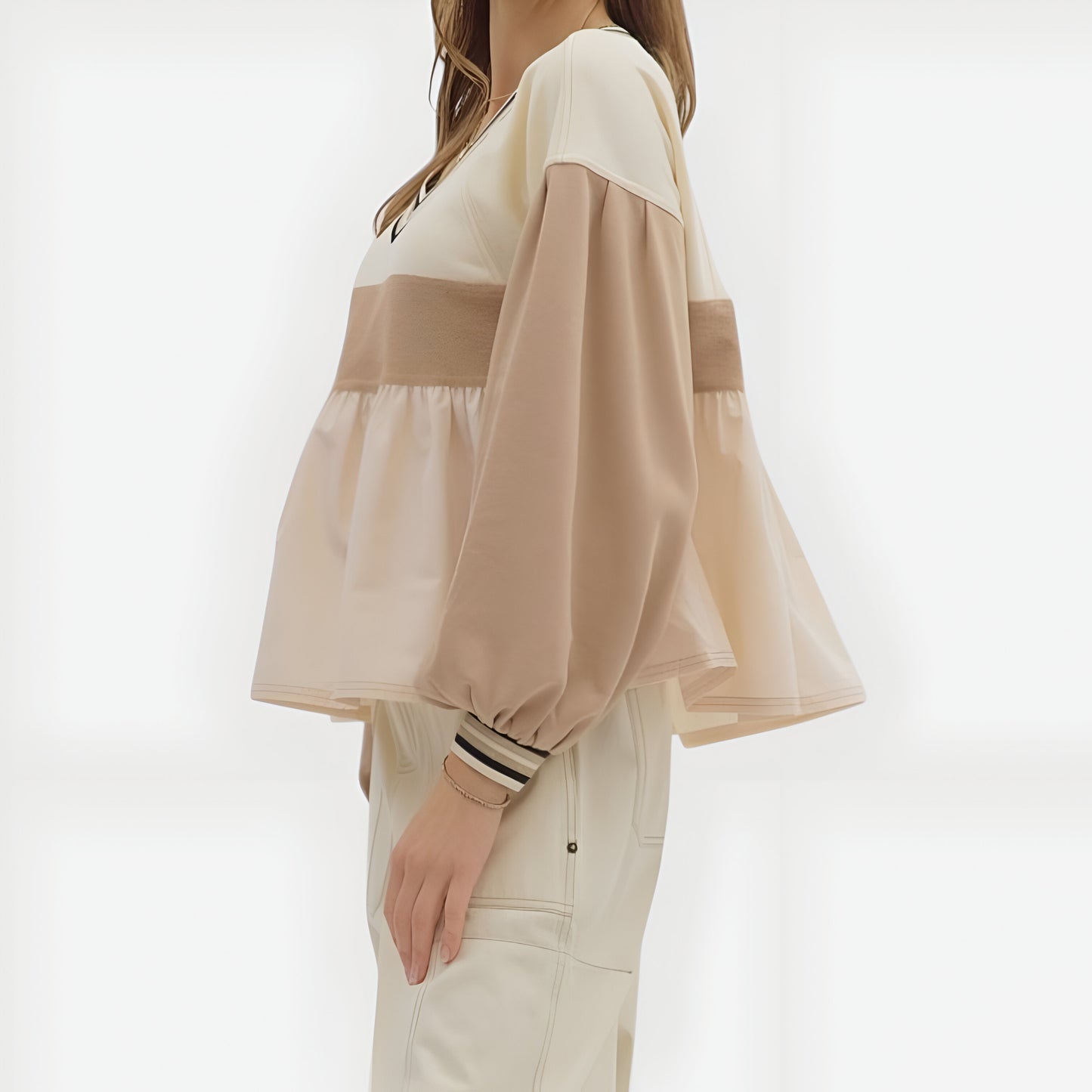 Colorblock V-Neck Peplum Top with Long Sleeves and Stripe Trim