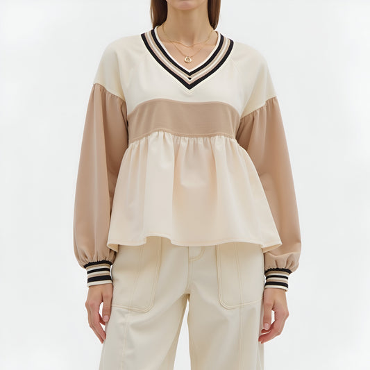 Colorblock V-Neck Peplum Top with Long Sleeves and Stripe Trim