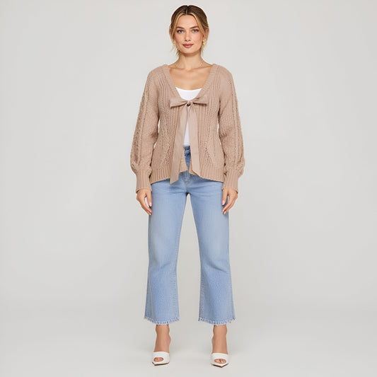 Cable Knit Cardigan with Satin Front Tie and Deep V-Neckline