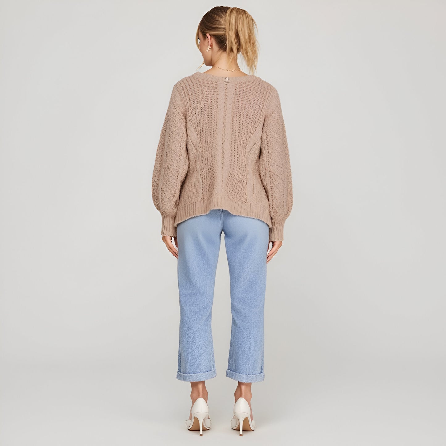 Cable Knit Cardigan with Satin Front Tie and Deep V-Neckline