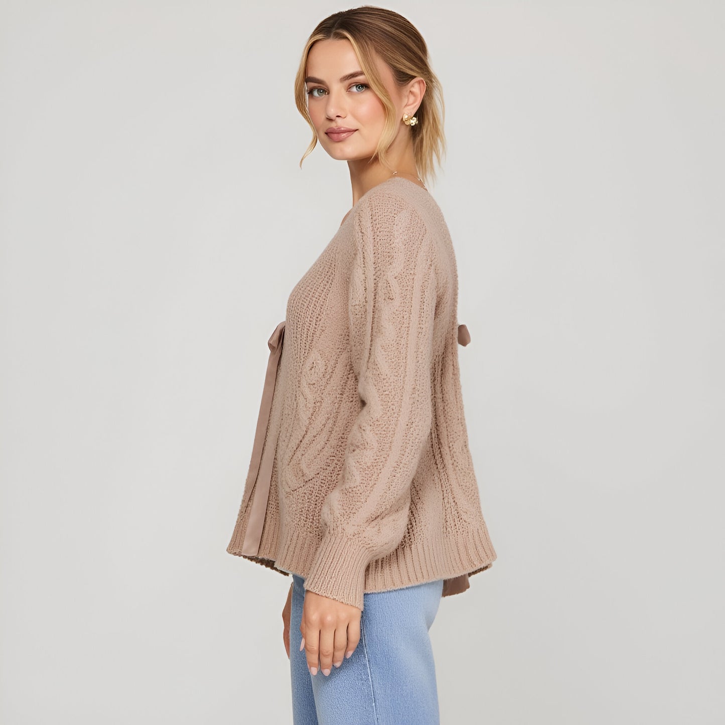 Cable Knit Cardigan with Satin Front Tie and Deep V-Neckline