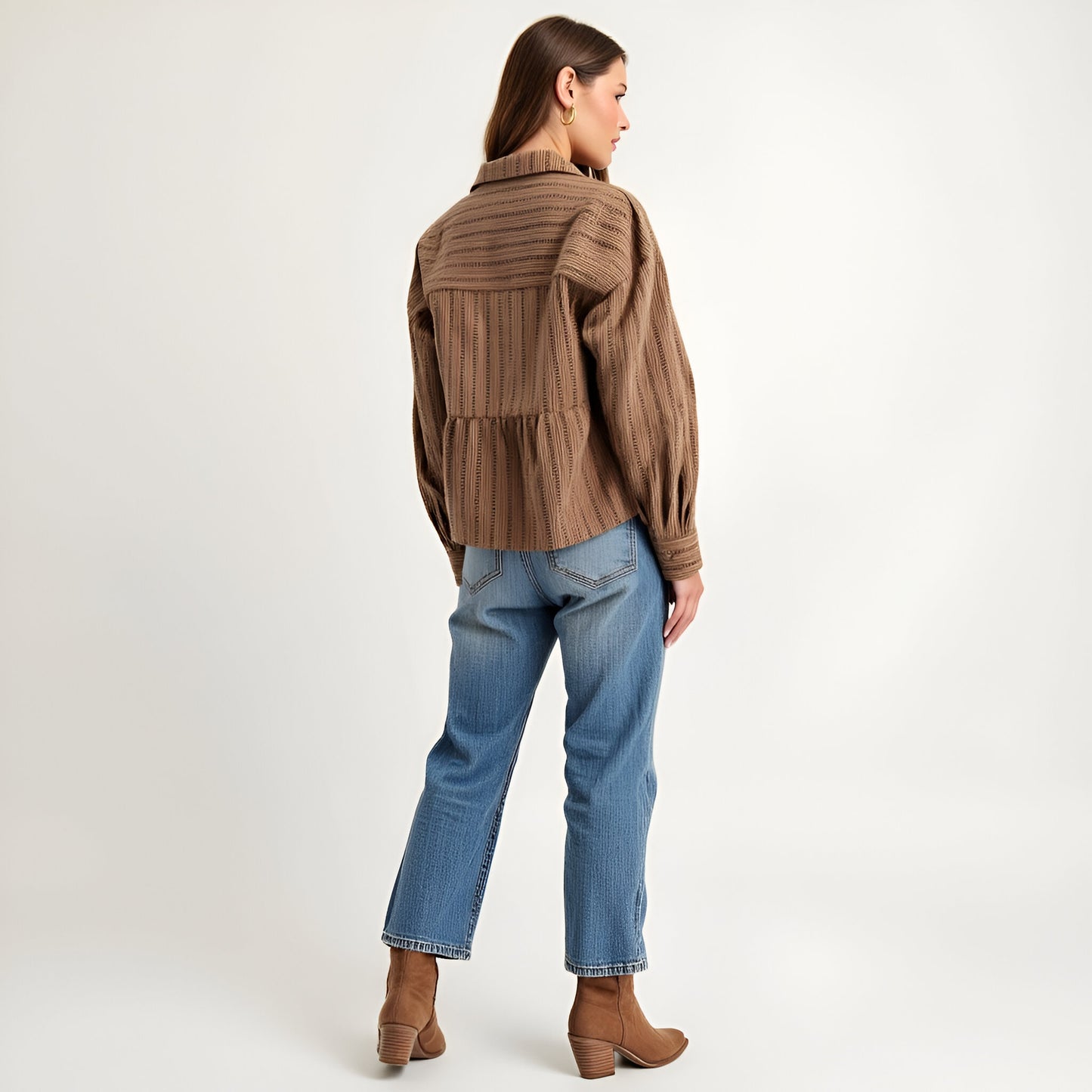 Striped Button-Front Shirt Jacket with Peplum Hem and Chest Pockets