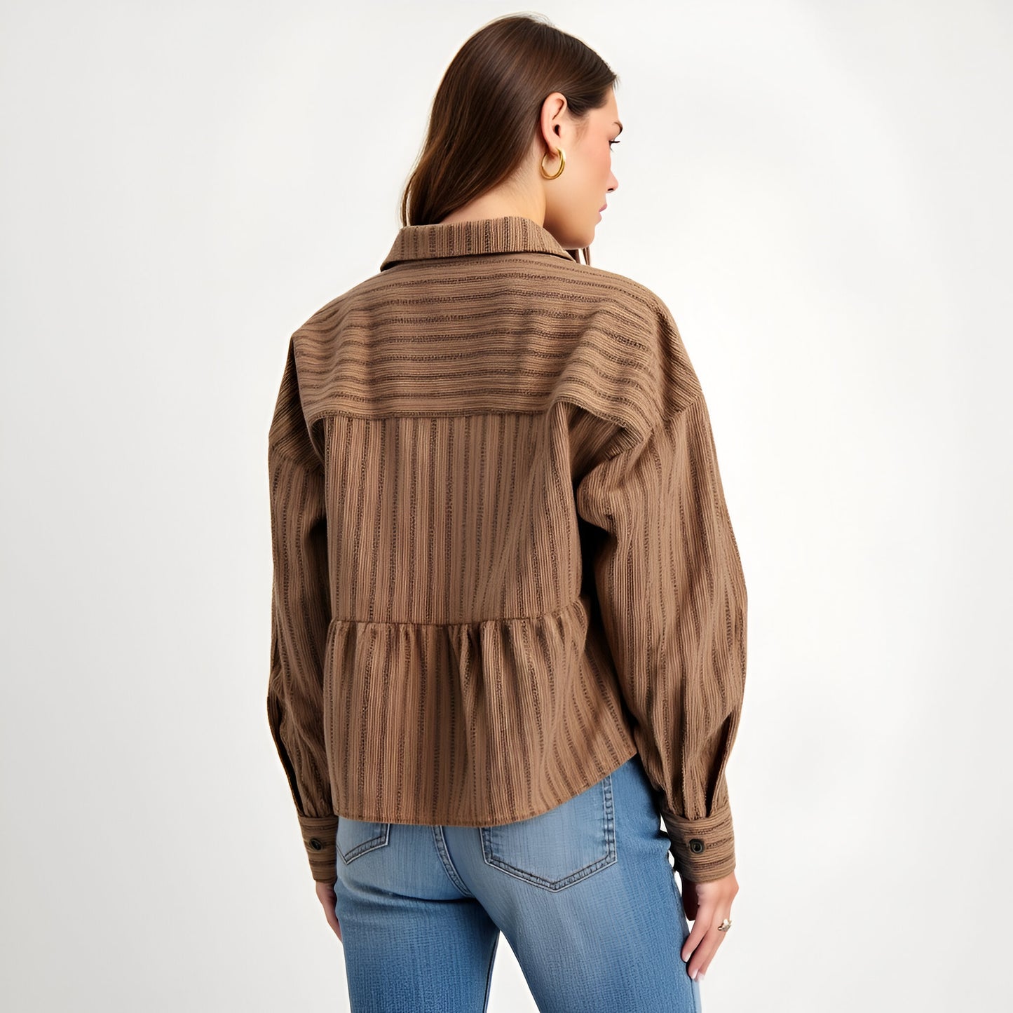 Striped Button-Front Shirt Jacket with Peplum Hem and Chest Pockets