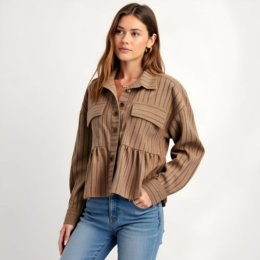 Striped Button-Front Shirt Jacket with Peplum Hem and Chest Pockets