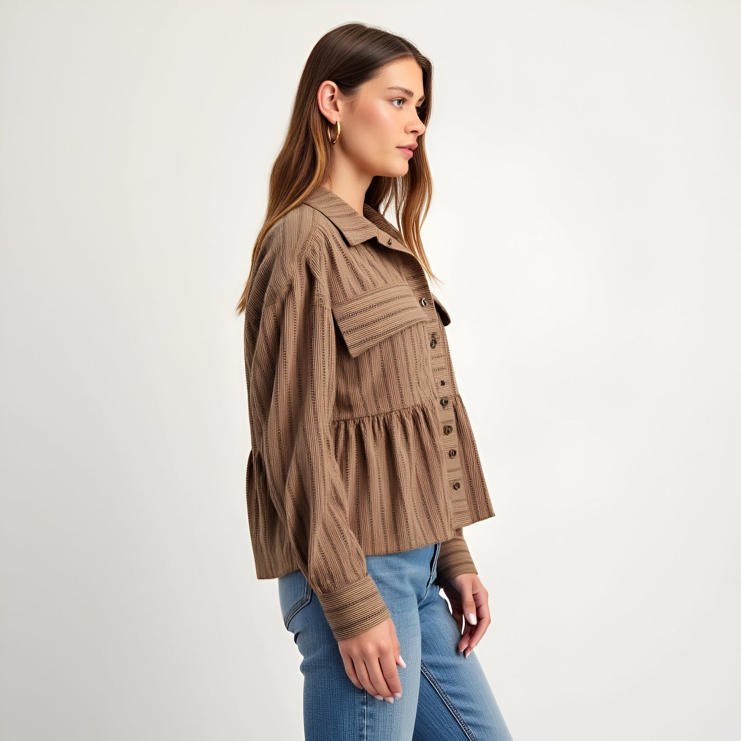 Striped Button-Front Shirt Jacket with Peplum Hem and Chest Pockets