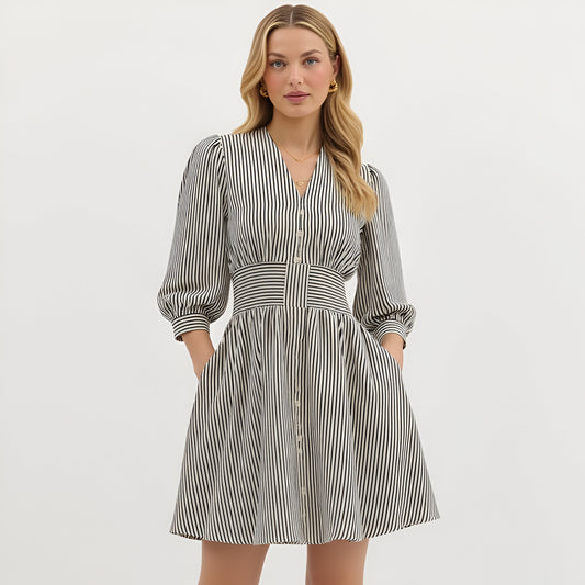 Striped Mini Dress with Zip Front and Fitted Waistband