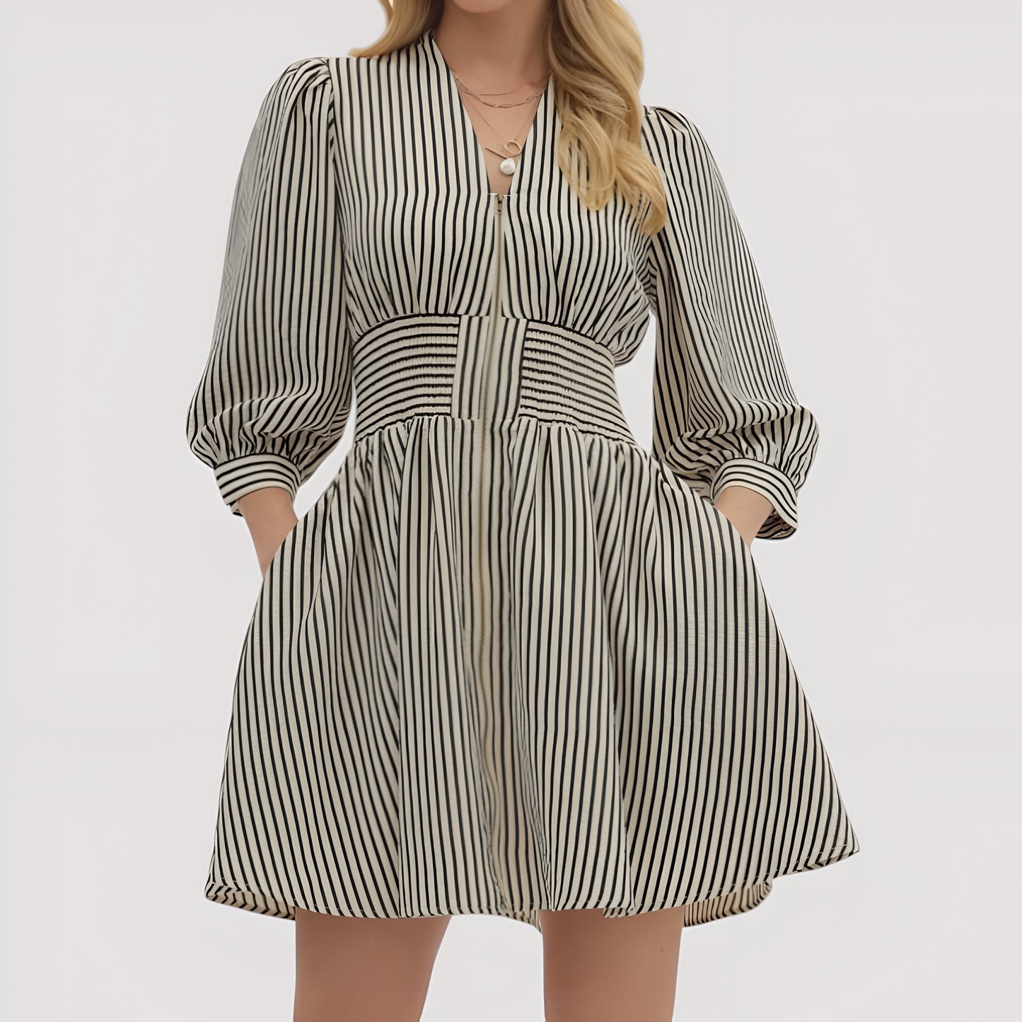 Striped Mini Dress with Zip Front and Fitted Waistband