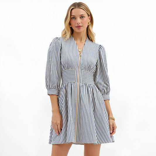 Striped Mini Dress with Zip Front and Fitted Waistband