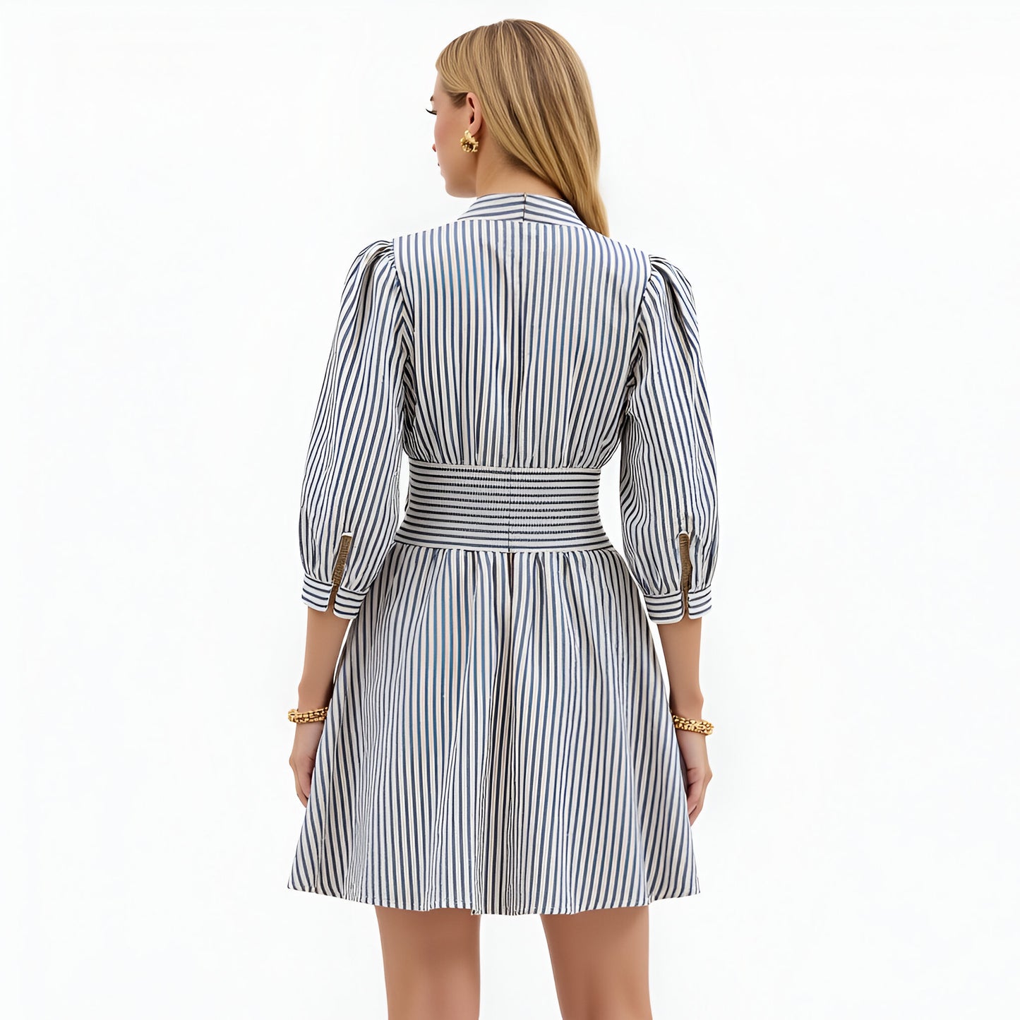 Striped Mini Dress with Zip Front and Fitted Waistband