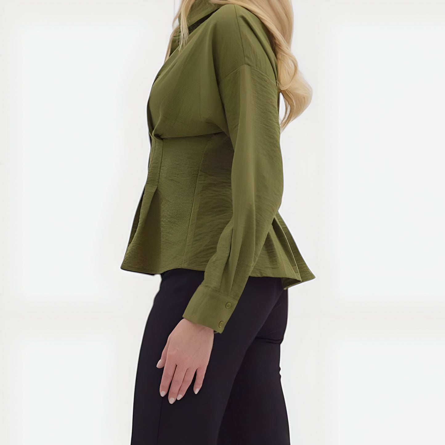 Peplum Button-Up Blouse with Long Sleeves and Structured Waist