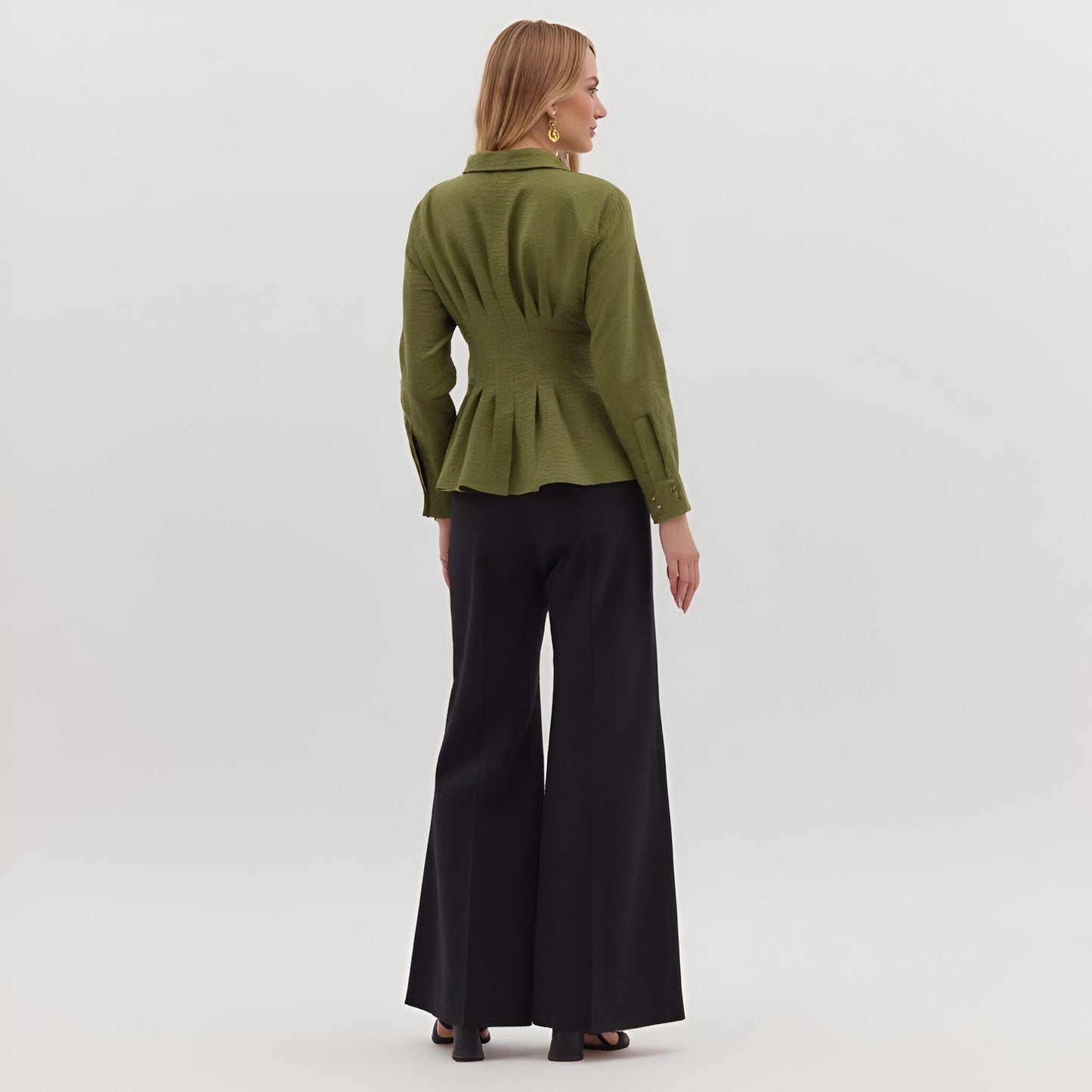 Peplum Button-Up Blouse with Long Sleeves and Structured Waist