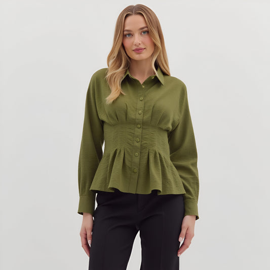 Peplum Button-Up Blouse with Long Sleeves and Structured Waist