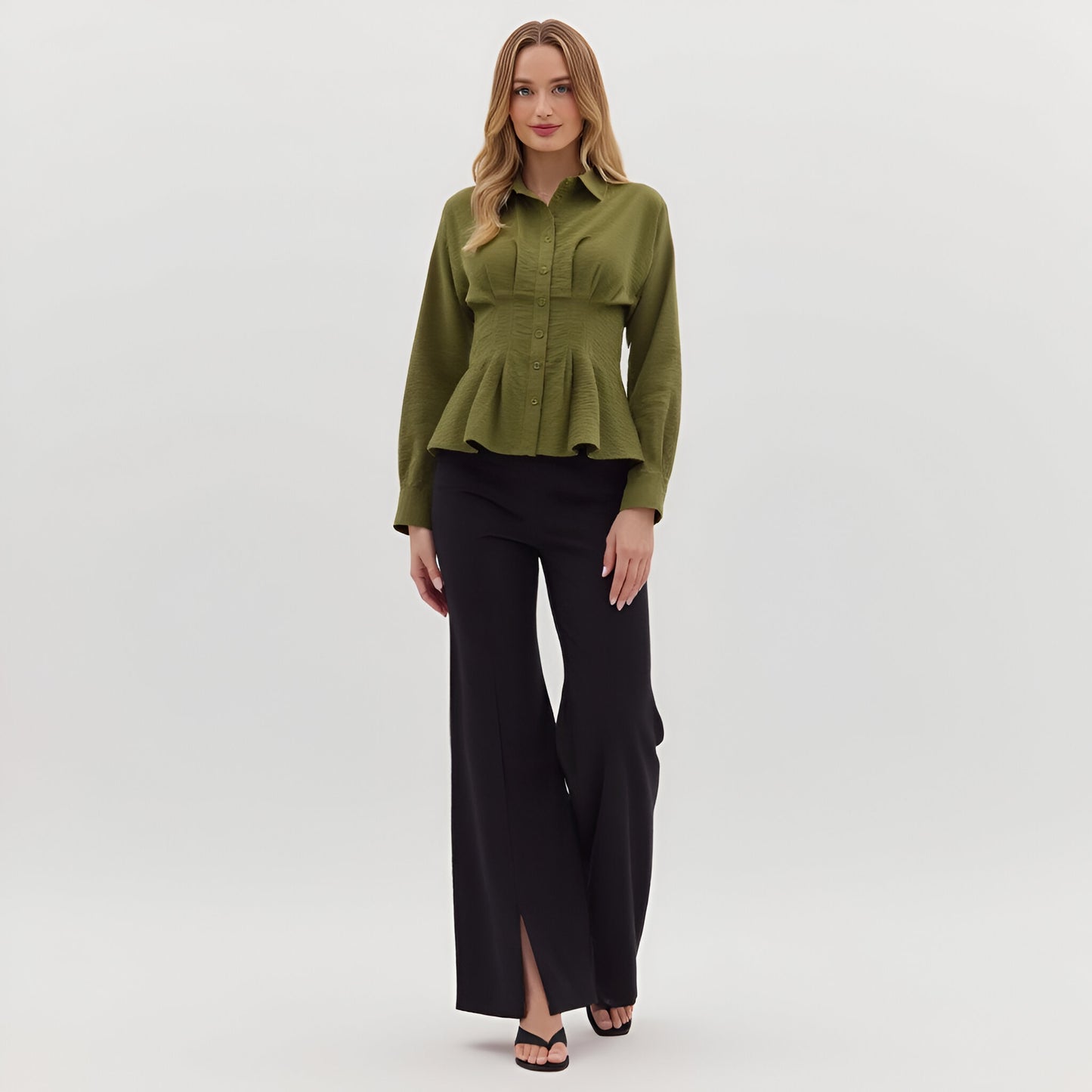 Peplum Button-Up Blouse with Long Sleeves and Structured Waist