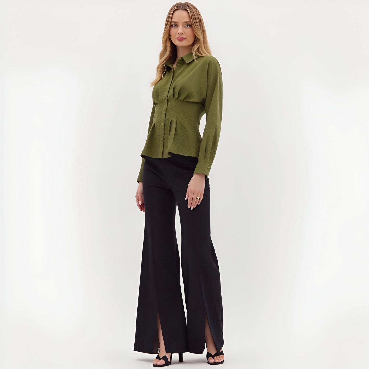 Peplum Button-Up Blouse with Long Sleeves and Structured Waist