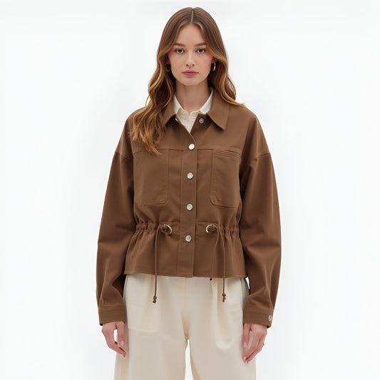 Button-Up Jacket with Front Pockets and Adjustable Drawstring Waist