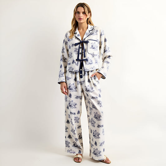 Printed Button-Up Pajama Set with Contrast Trim and Ribbon Tie Detail